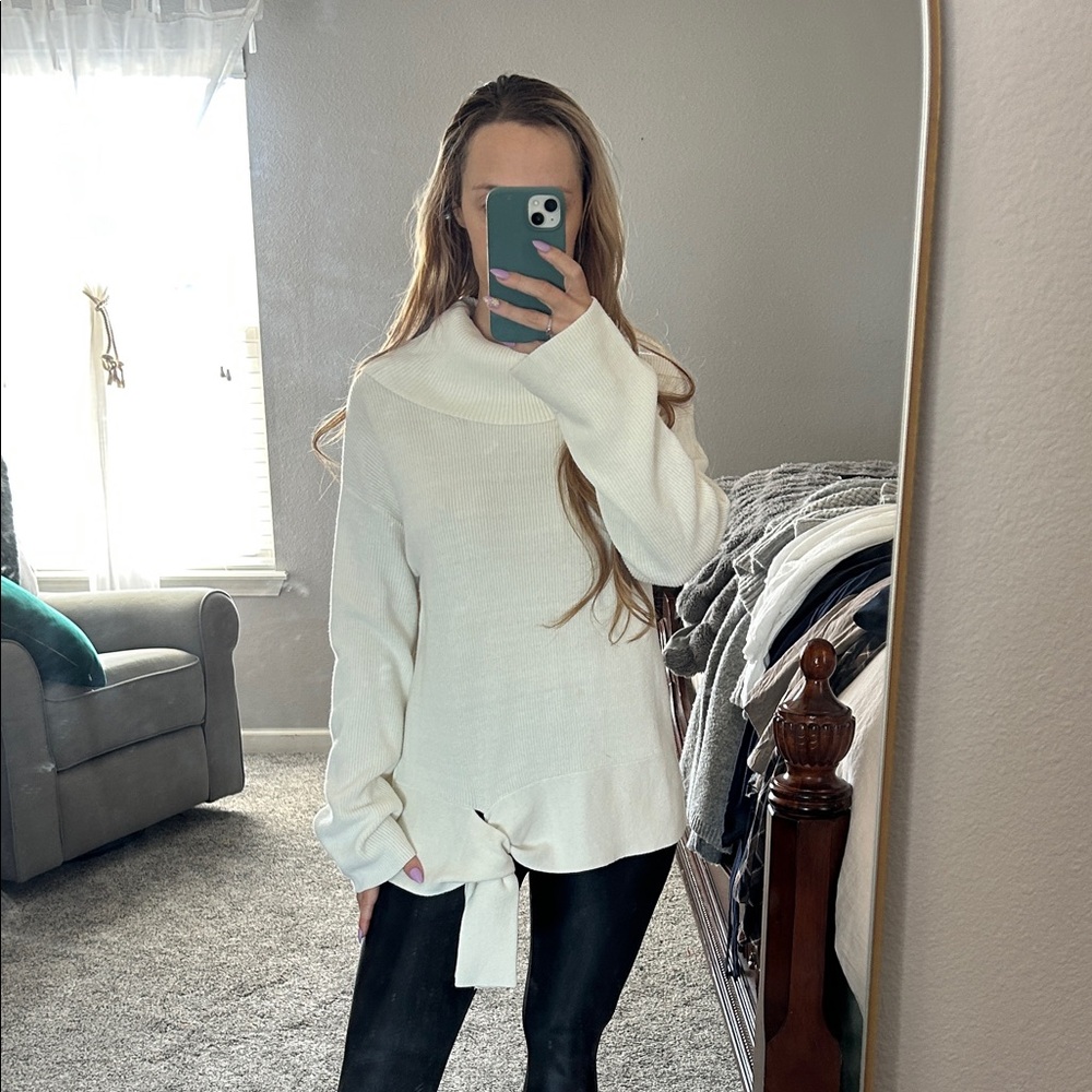 Kaari Blue Cream Cowl-Neck Tie-Front Sweater